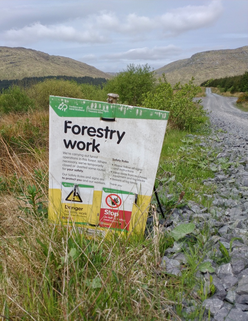 Forestry Work warning sign beside one of the forestry tracks