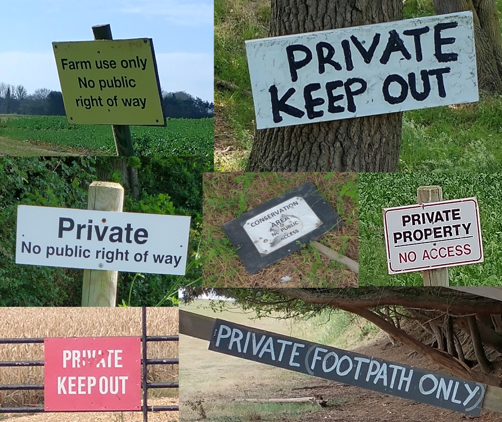 a selection of Private, Keep Out signs found locally in Norfolk.